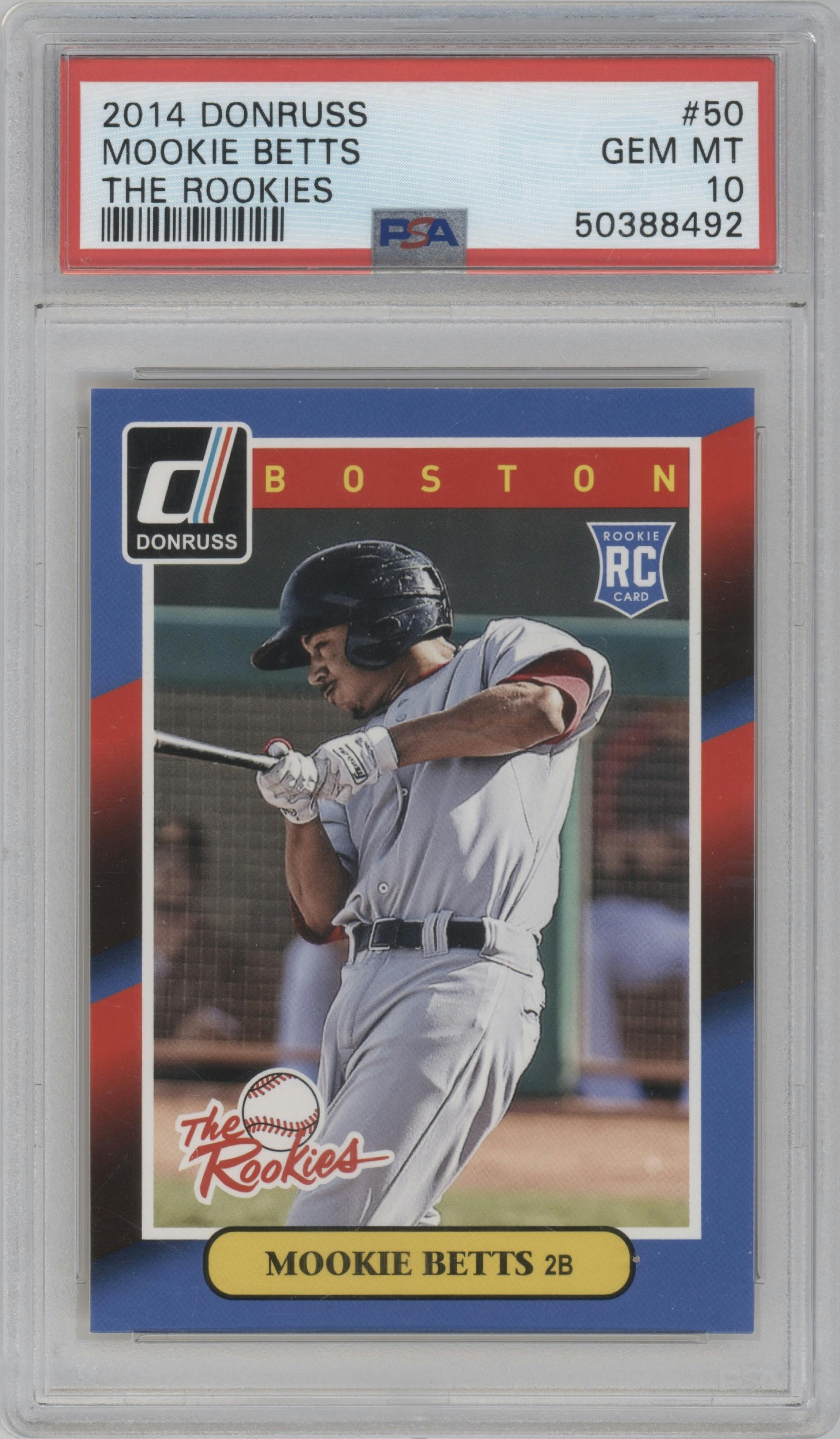 Mookie Betts from the 2014 Panini Donruss set graded by PSA and given an overall grade of 10.