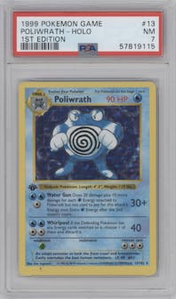 Poliwrath from the 1999 Pokemon set graded by PSA and given an overall grade of 7.