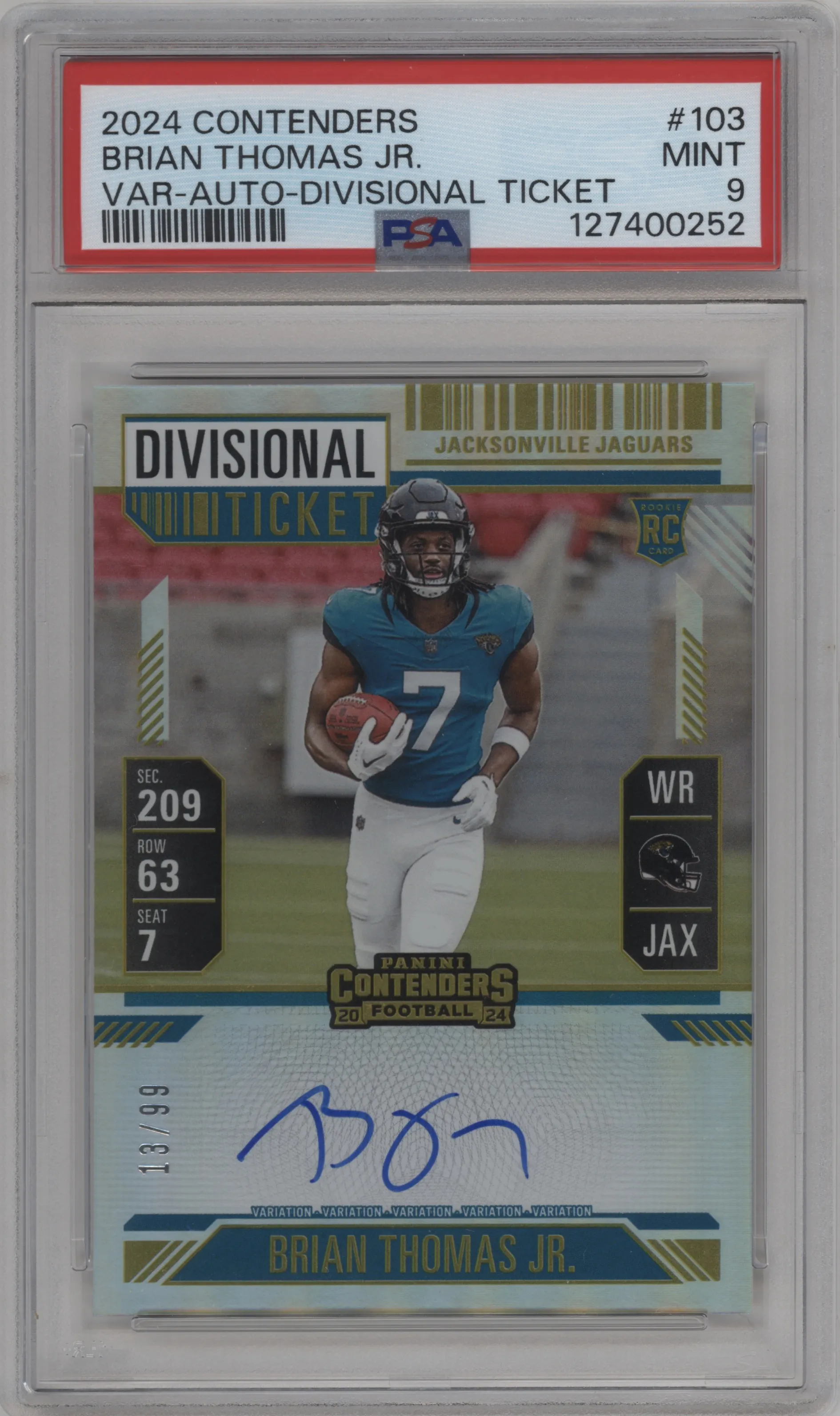 2024 Panini Contenders RPS Rke.Tkt.Auto Var. Brian Thomas Jr. Divisional Ticket PSA 9