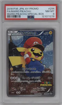 Mario Pikachu from the 2016 Pokemon XY JPN set featuring a Mario Pikachu Special Box parallel graded by PSA and given an overall grade of 8.