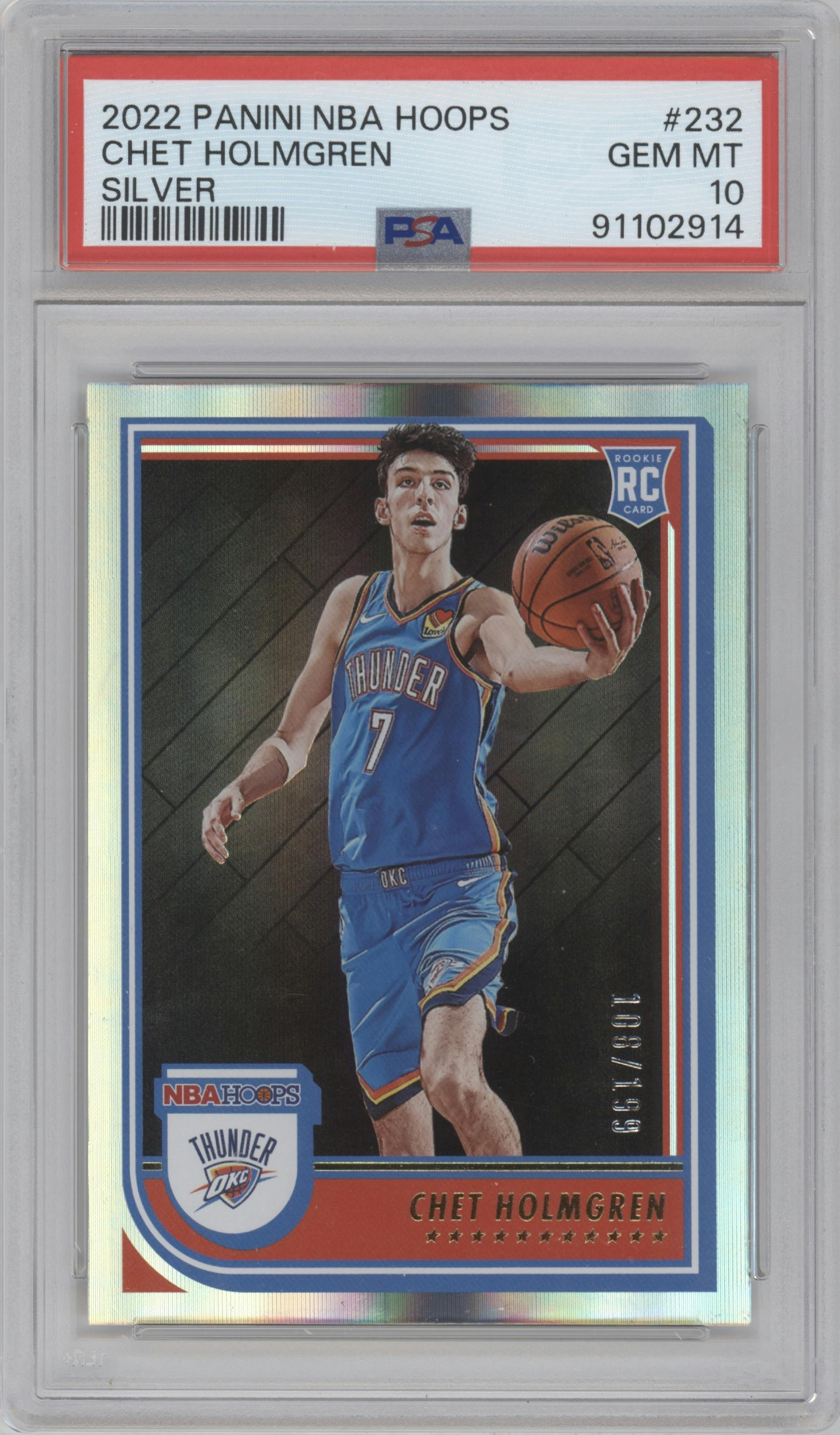Chet Holmgren  from the 2022-23 Panini NBA Hoops set featuring a Silver  parallel graded by PSA and given an overall grade of 10.