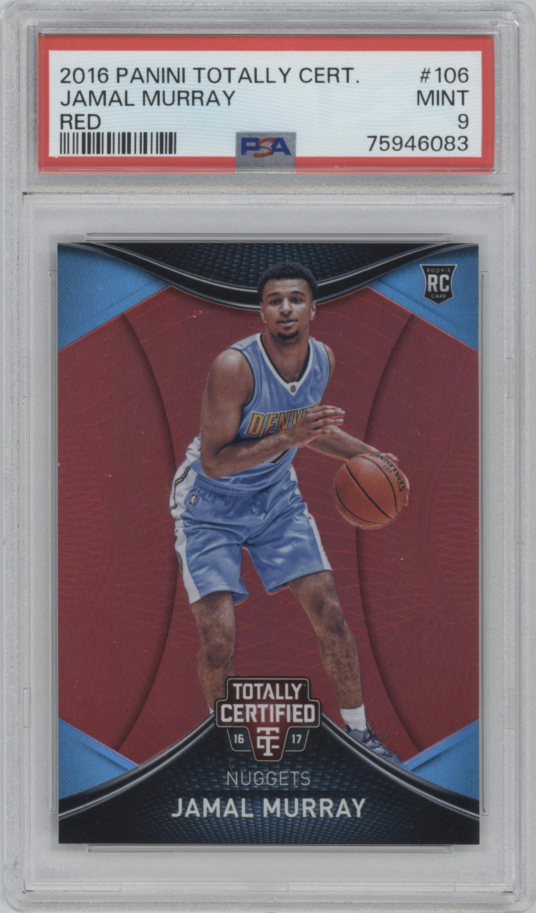 Jamal Murray from the 2016-17 Panini Totally Certified set featuring a Red parallel graded by PSA and given an overall grade of 9.