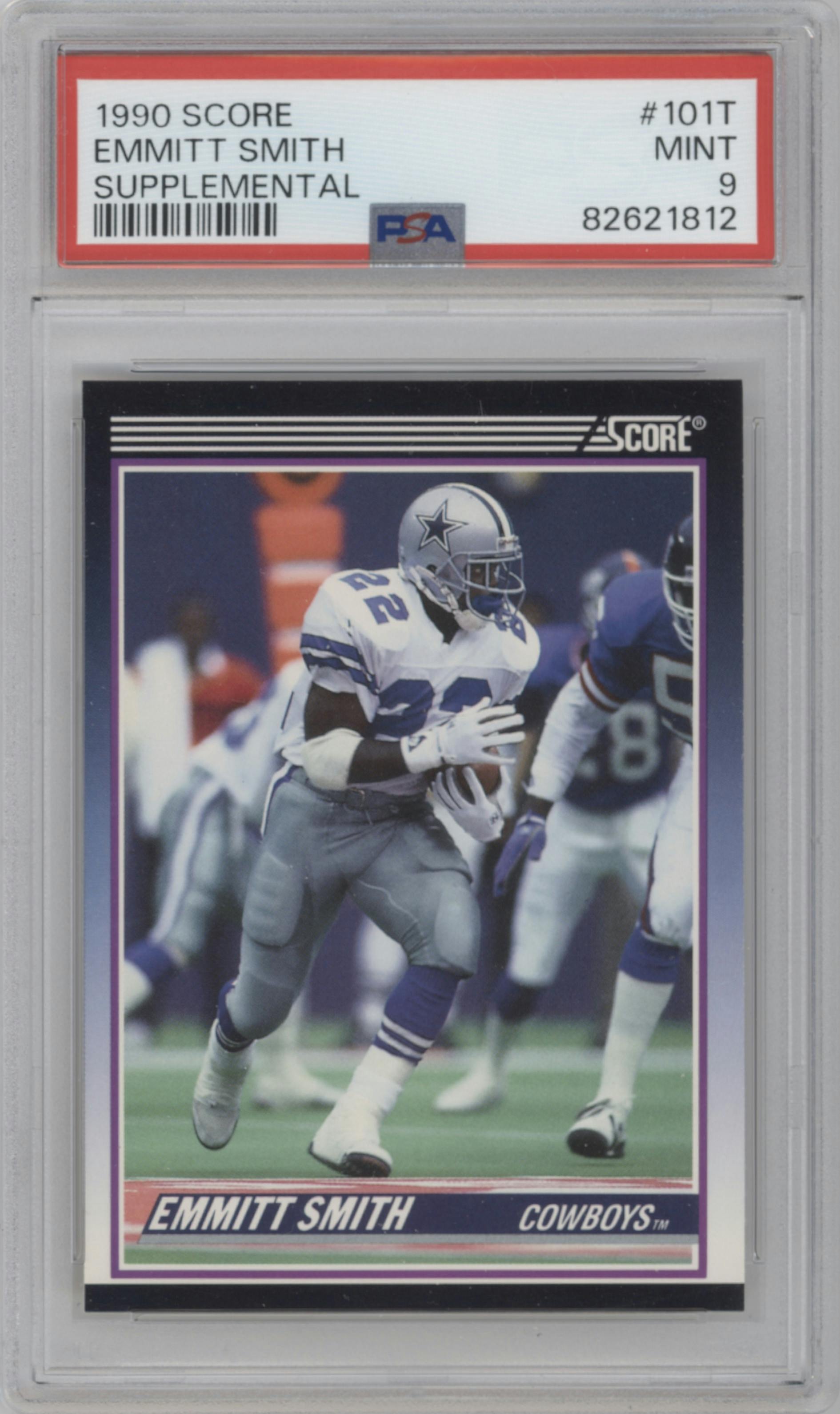 Emmitt Smith from the 1990 Score set graded by PSA and given an overall grade of 9.