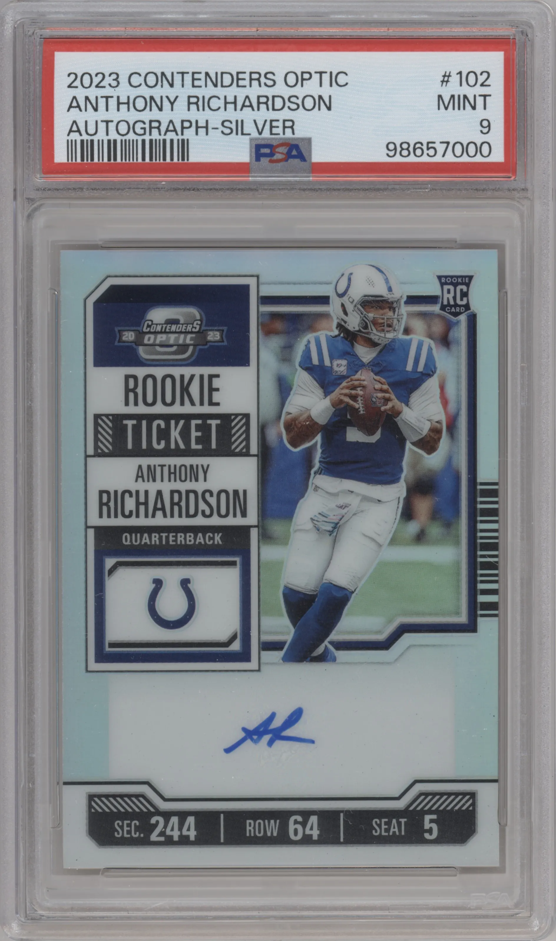2023 Panini Contenders Optic Rke.Tkt.RPS Auto Anthony Richardson Silver #102 PSA 9