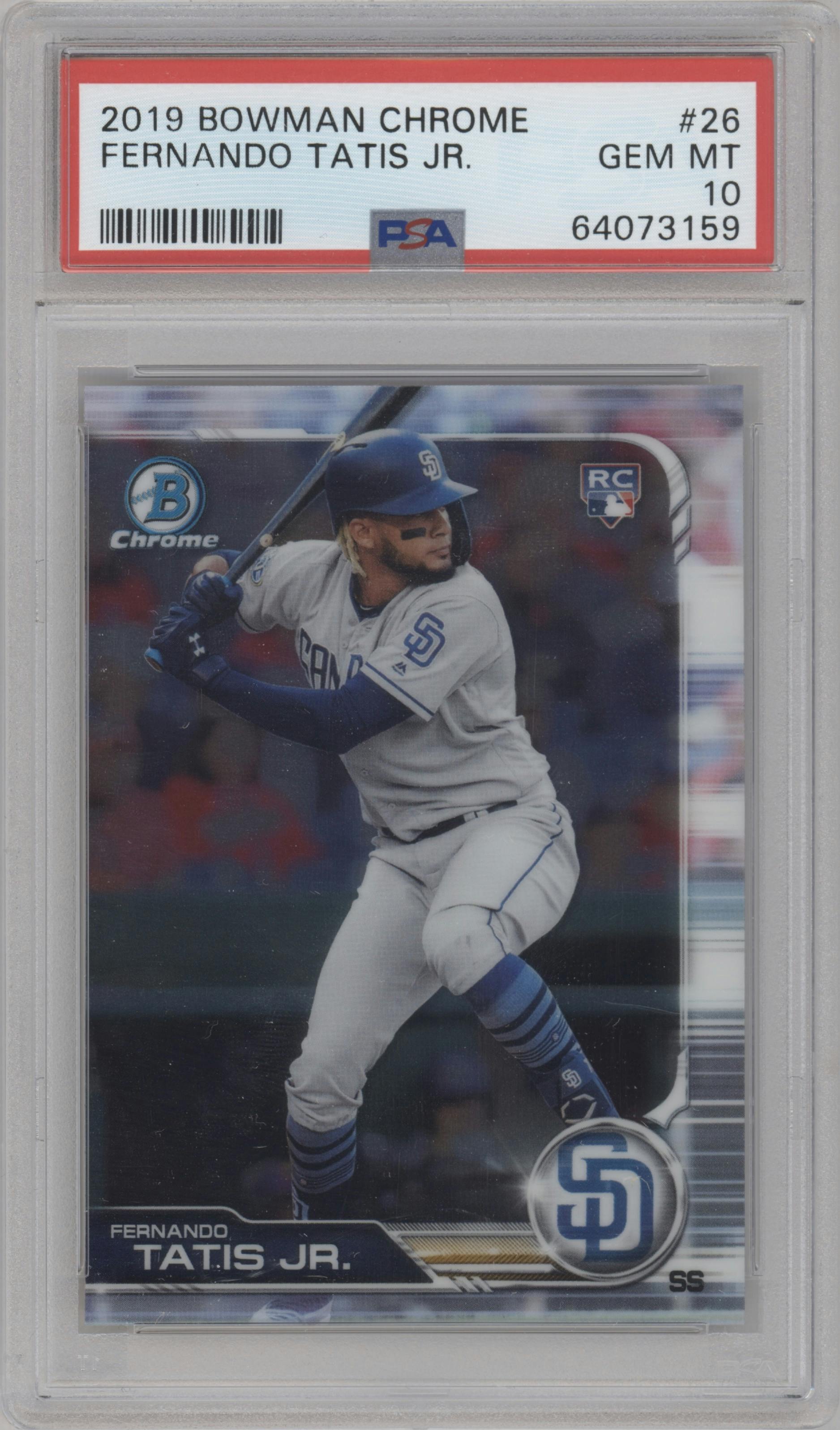 Fernando Tatis Jr. from the 2019 Bowman Chrome set graded by PSA and given an overall grade of 10.
