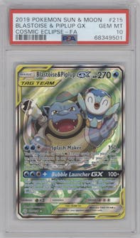 Blastoise/Piplup GX from the 2019 Pokemon S&M  set graded by PSA and given an overall grade of 10.