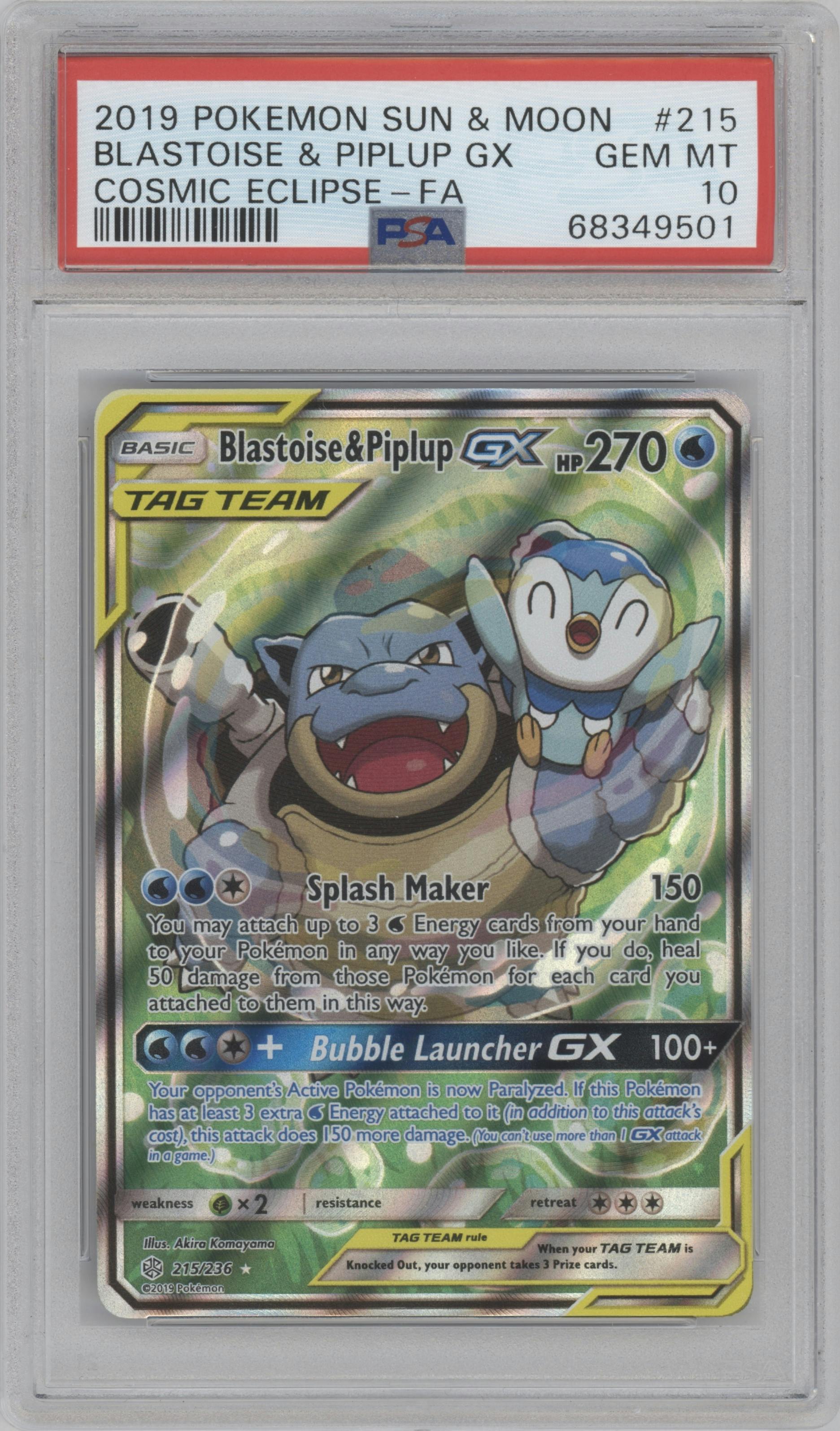 Blastoise/Piplup GX from the 2019 Pokemon S&M  set graded by PSA and given an overall grade of 10.