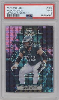 Jason Kelce from the 2023 Panini Mosaic set featuring a Choice Nebula parallel graded by PSA and given an overall grade of 9.