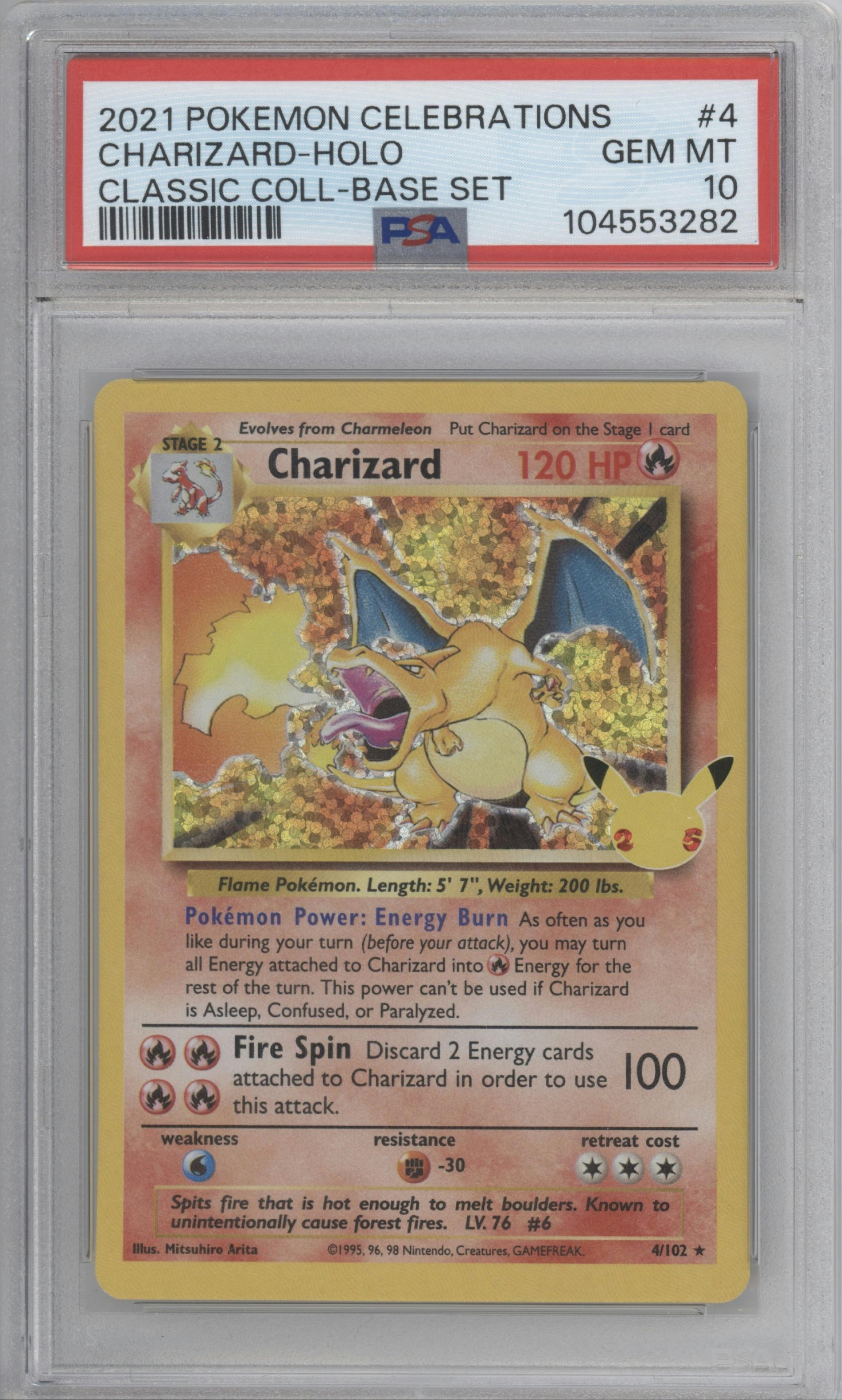 Charizard from the 2021 Pokemon SWSH set featuring a Base Set parallel graded by PSA and given an overall grade of 10.