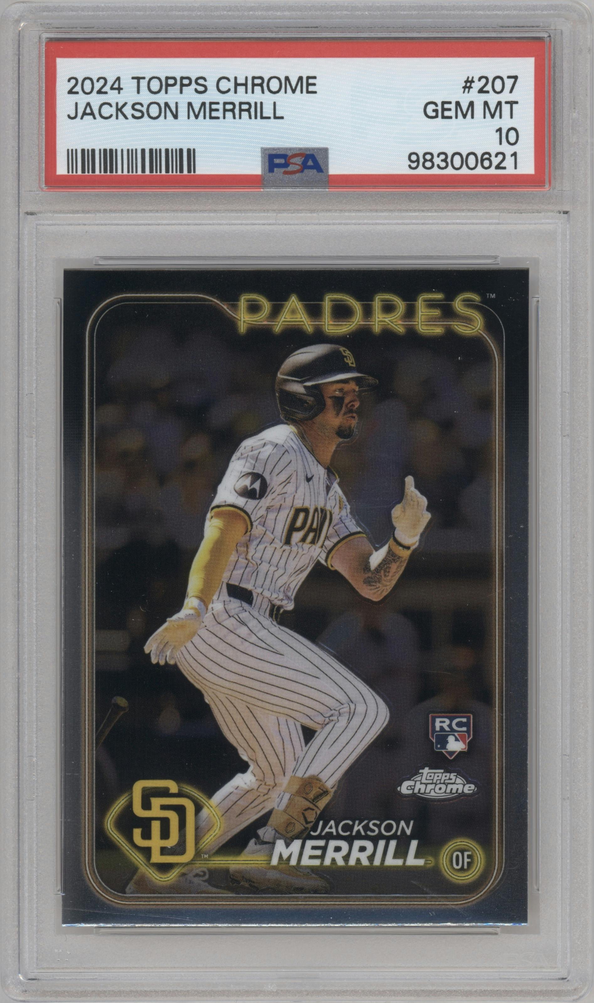 Jackson Merrill from the 2024 Topps Chrome set graded by PSA and given an overall grade of 10.