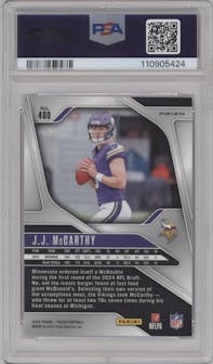 J.J. McCarthy from the 2024 Panini Prizm set featuring a Pink Prizm parallel graded by PSA and given an overall grade of 9.