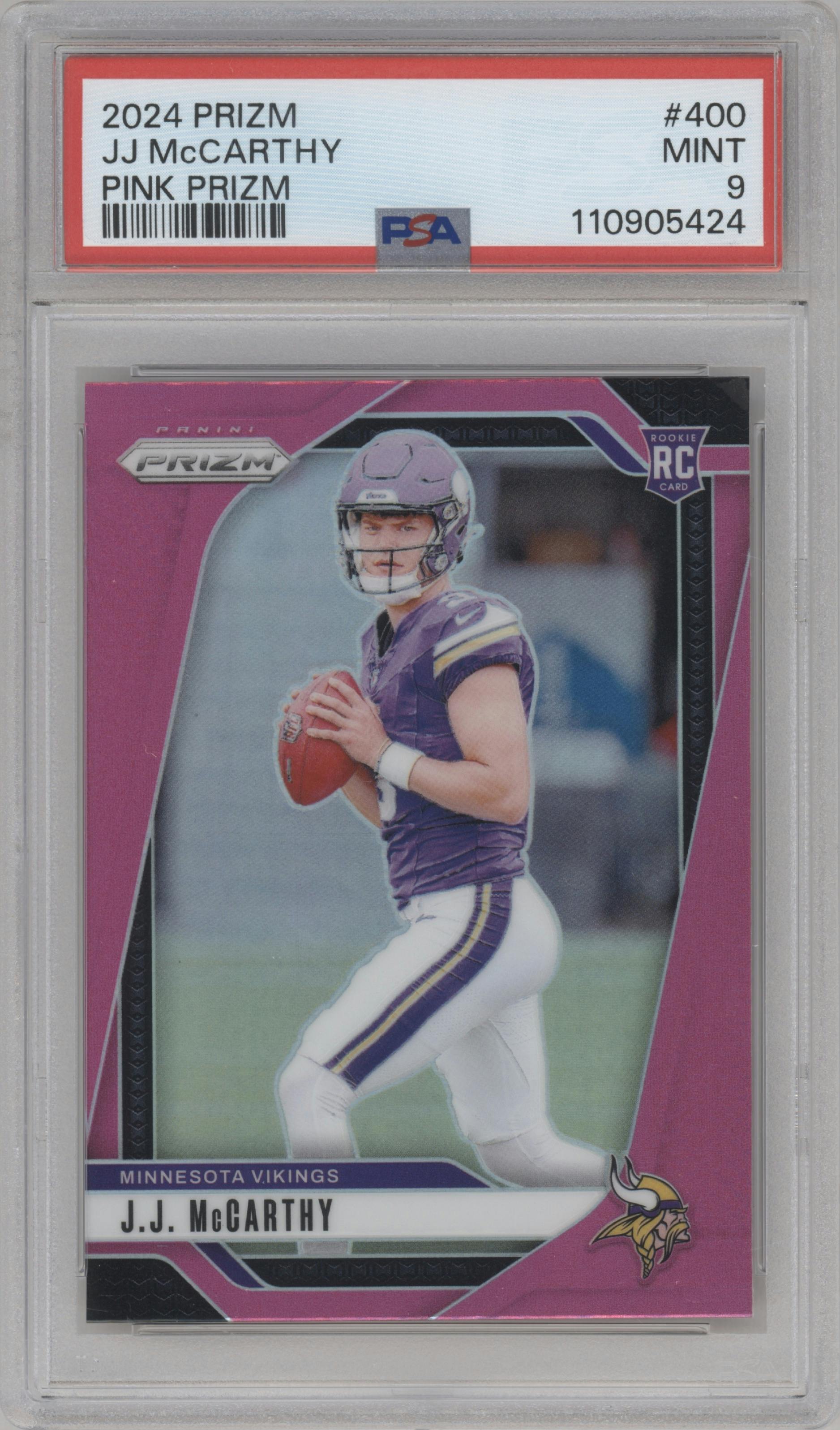 J.J. McCarthy from the 2024 Panini Prizm set featuring a Pink Prizm parallel graded by PSA and given an overall grade of 9.