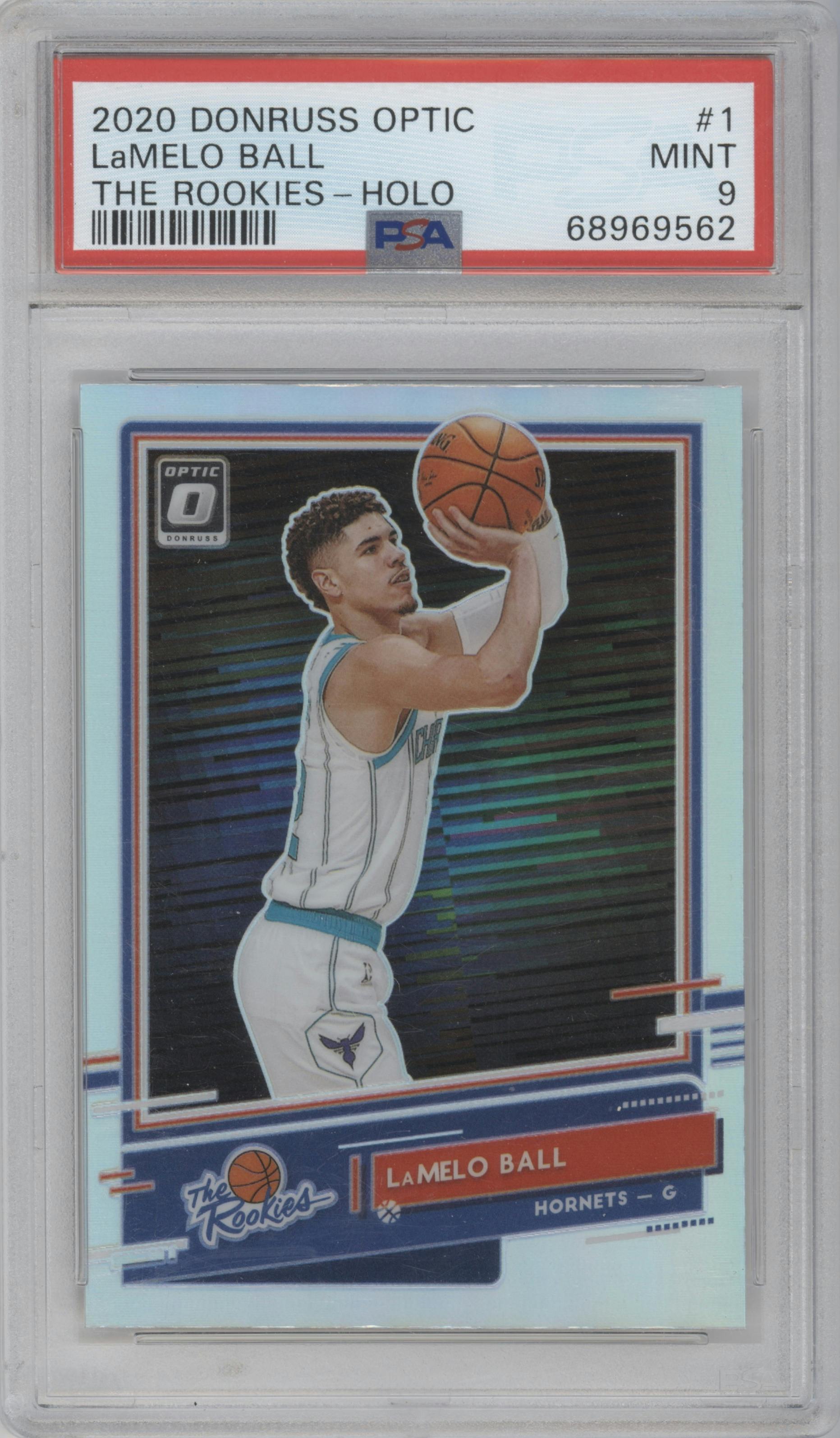 LaMelo Ball from the 2020-21 Panini Donruss Optic set featuring a Holo parallel graded by PSA and given an overall grade of 9.