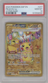 Pikachu ex from the 2024 Pokemon SV set graded by PSA and given an overall grade of 10.