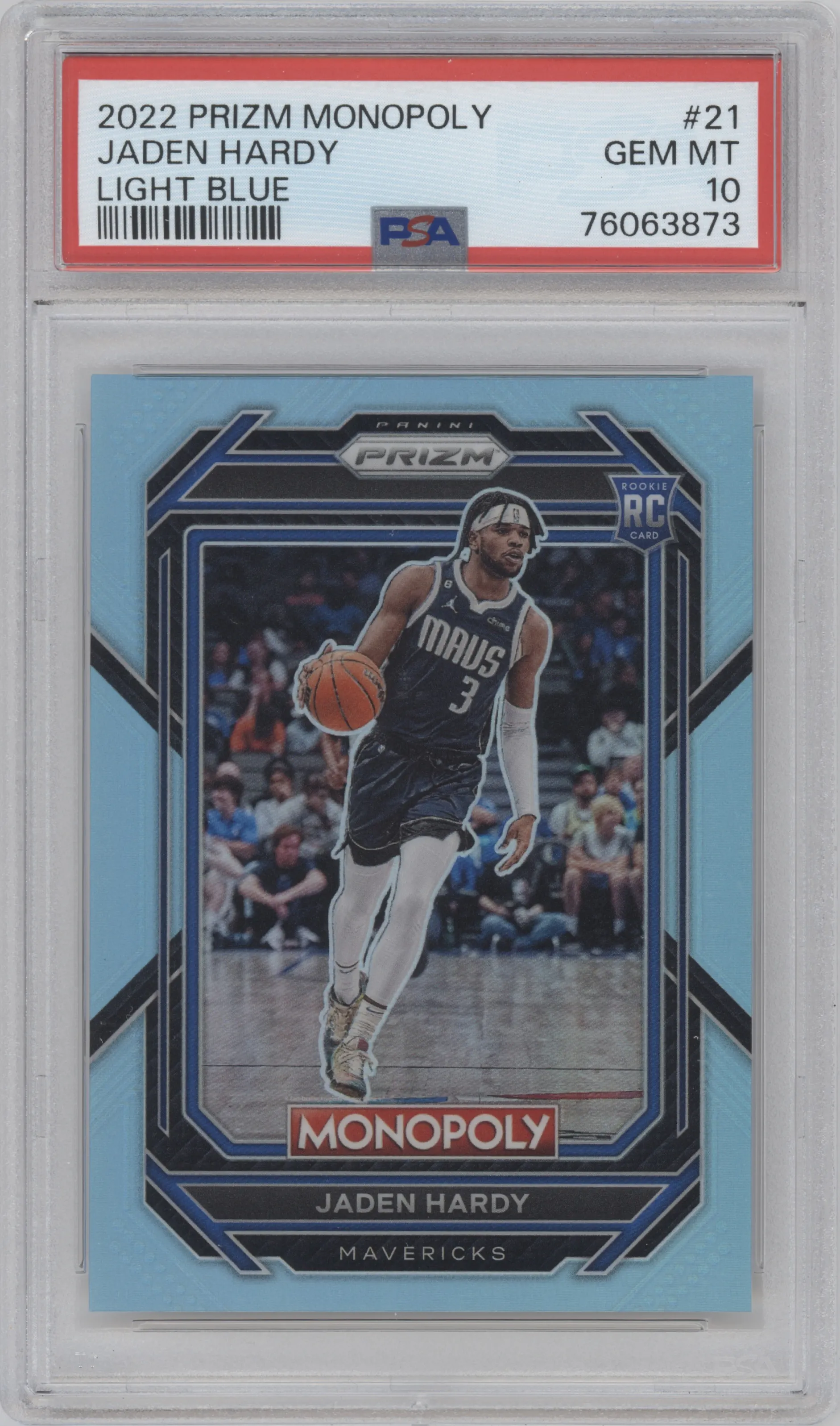 2022 Panini Prizm Monopoly Jaden Hardy Light Blue Prizm PSA 10