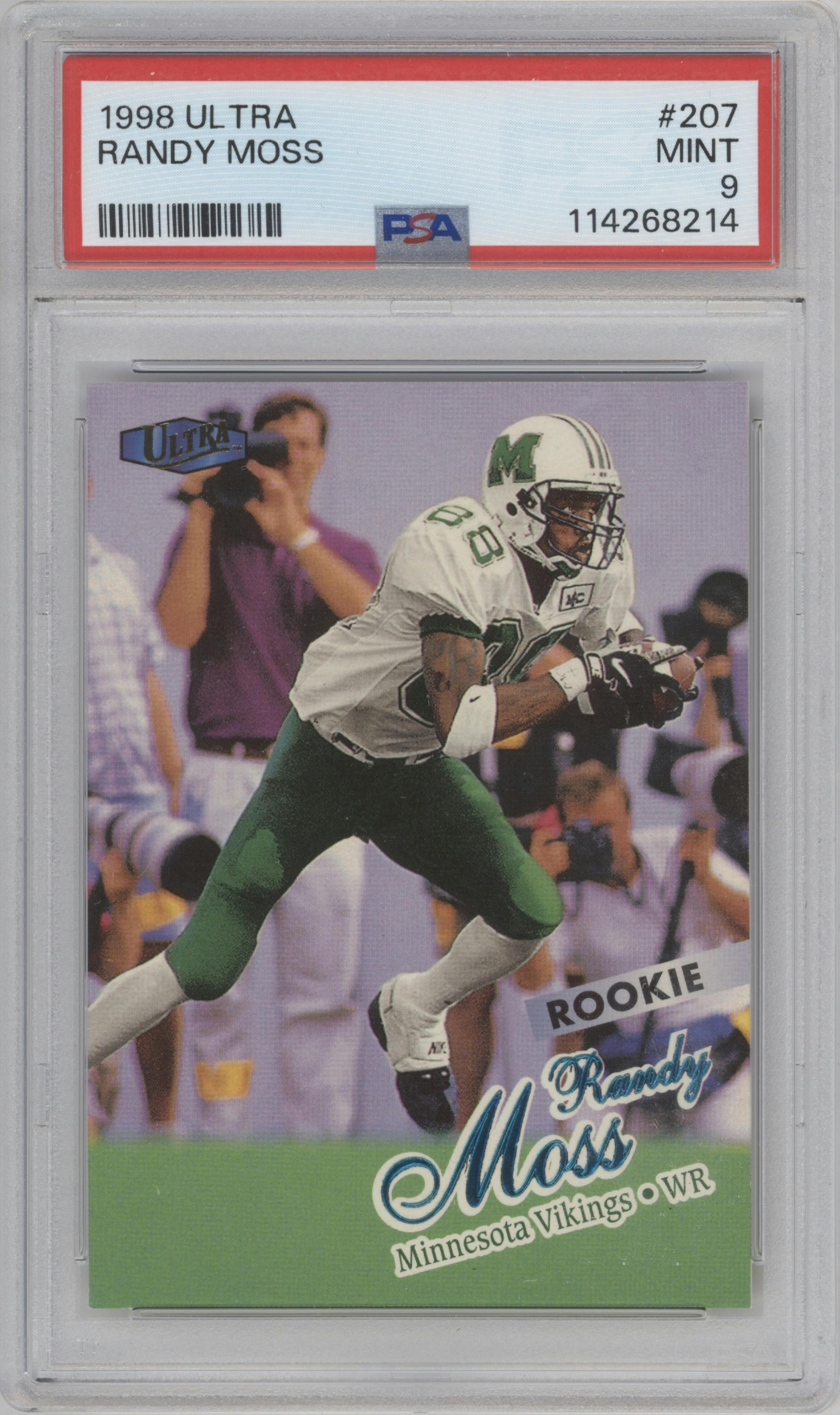 Randy Moss from the 1998 Fleer Ultra set graded by PSA and given an overall grade of 9.