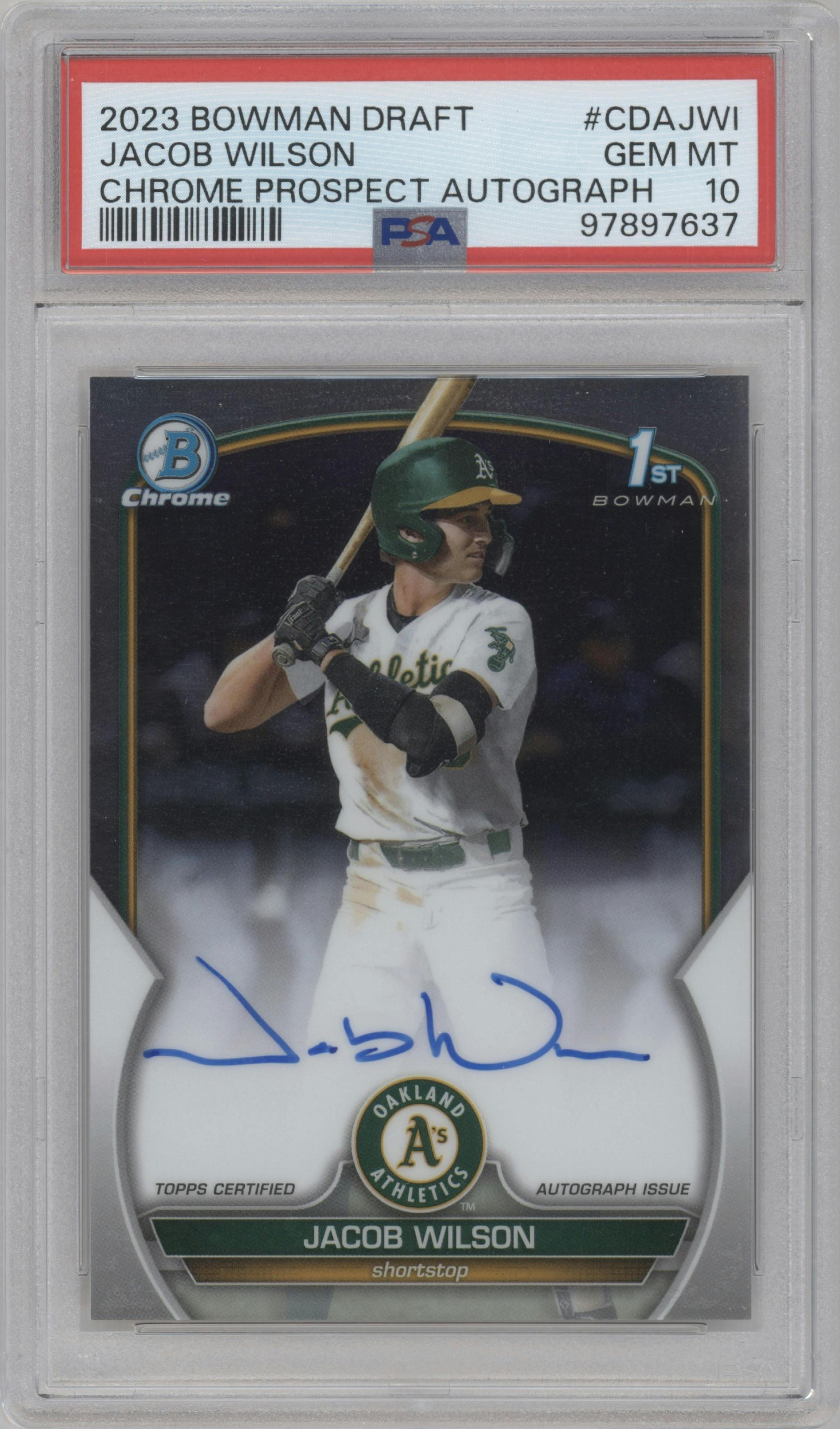 Jacob Wilson from the 2023 Bowman Draft set graded by PSA and given an overall grade of 10.