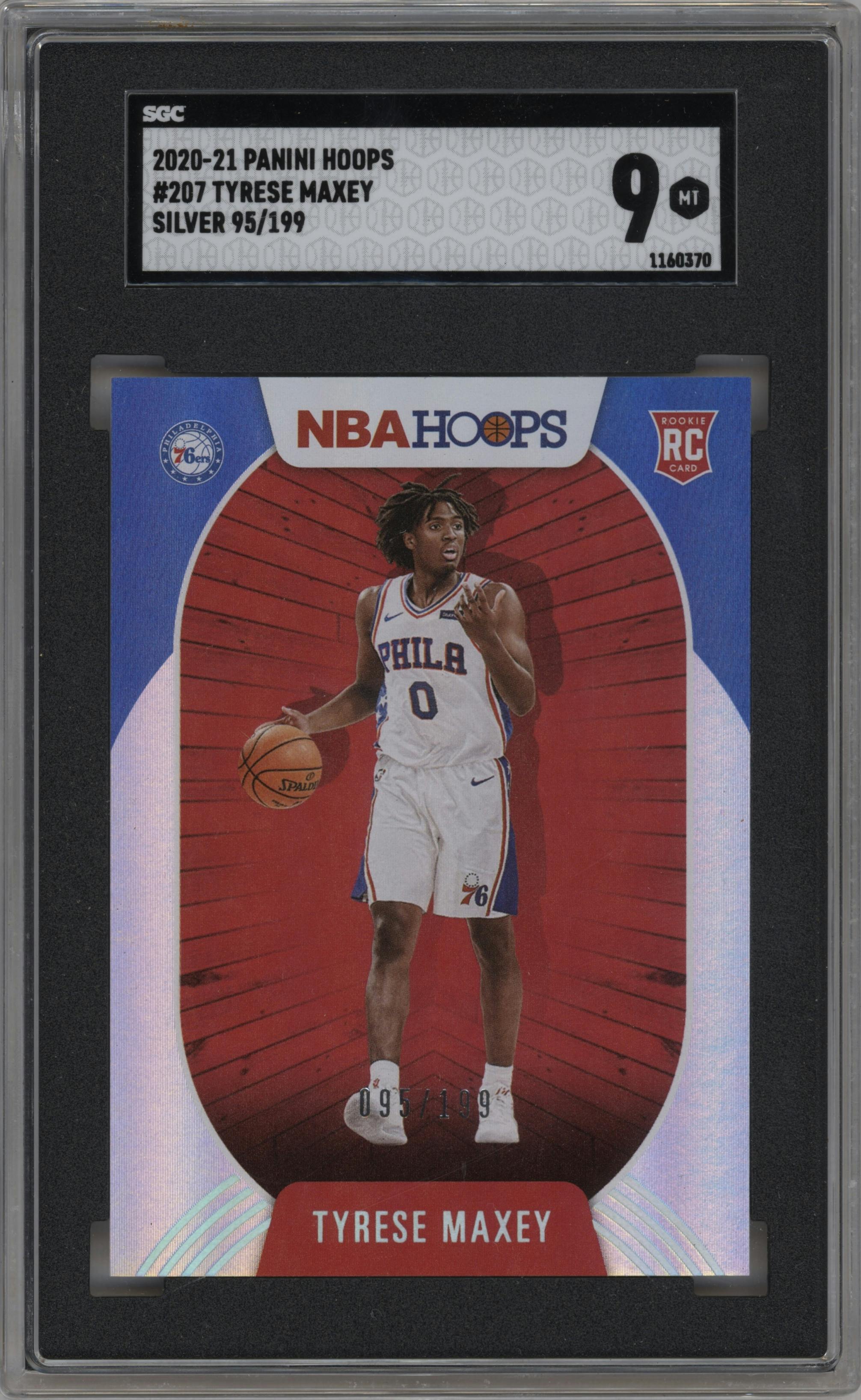 Tyrese Maxey from the 2020-21 Panini NBA Hoops set featuring a Silver parallel graded by SGC and given an overall grade of 9.