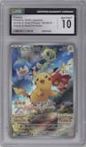 Pikachu from the 2022 Pokemon SV JPN set featuring a Nintendo Switch Scarlet & Violet Pre-Order parallel graded by CSG and given an overall grade of 10.