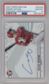 Shohei Ohtani from the 2023 Topps Pristine set graded by PSA and given an overall grade of 10.