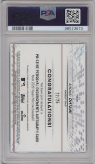 Shohei Ohtani from the 2023 Topps Pristine set graded by PSA and given an overall grade of 10.