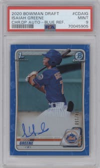 Isaiah Greene from the 2020 Bowman Draft set featuring a Blue Refractor parallel graded by PSA and given an overall grade of 9.