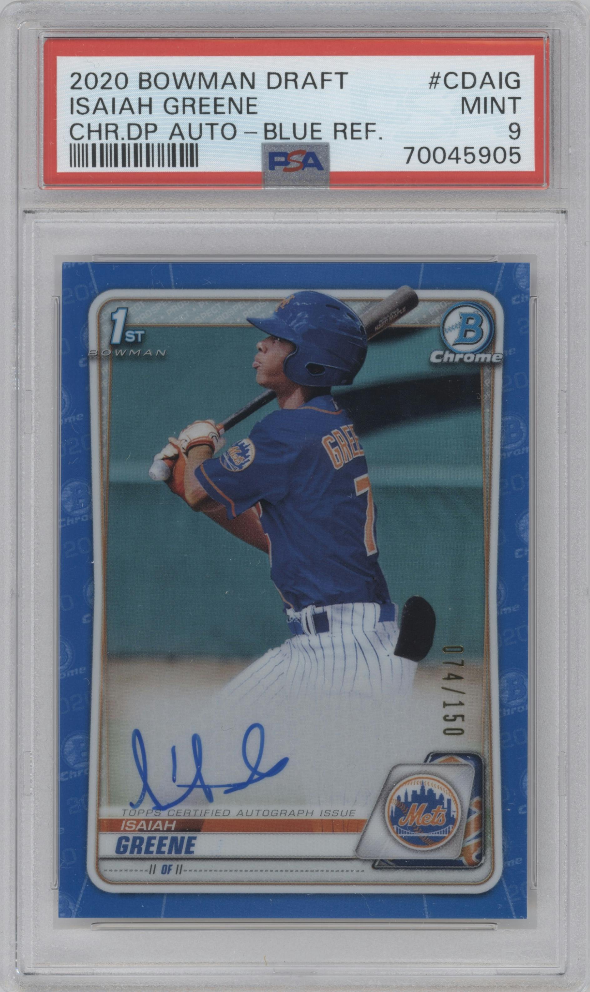 Isaiah Greene from the 2020 Bowman Draft set featuring a Blue Refractor parallel graded by PSA and given an overall grade of 9.