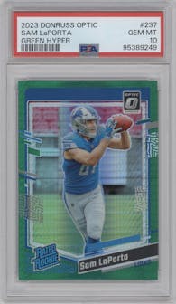 Sam LaPorta from the 2023 Donruss Optic set featuring a Hyper Green parallel graded by PSA and given an overall grade of 10.