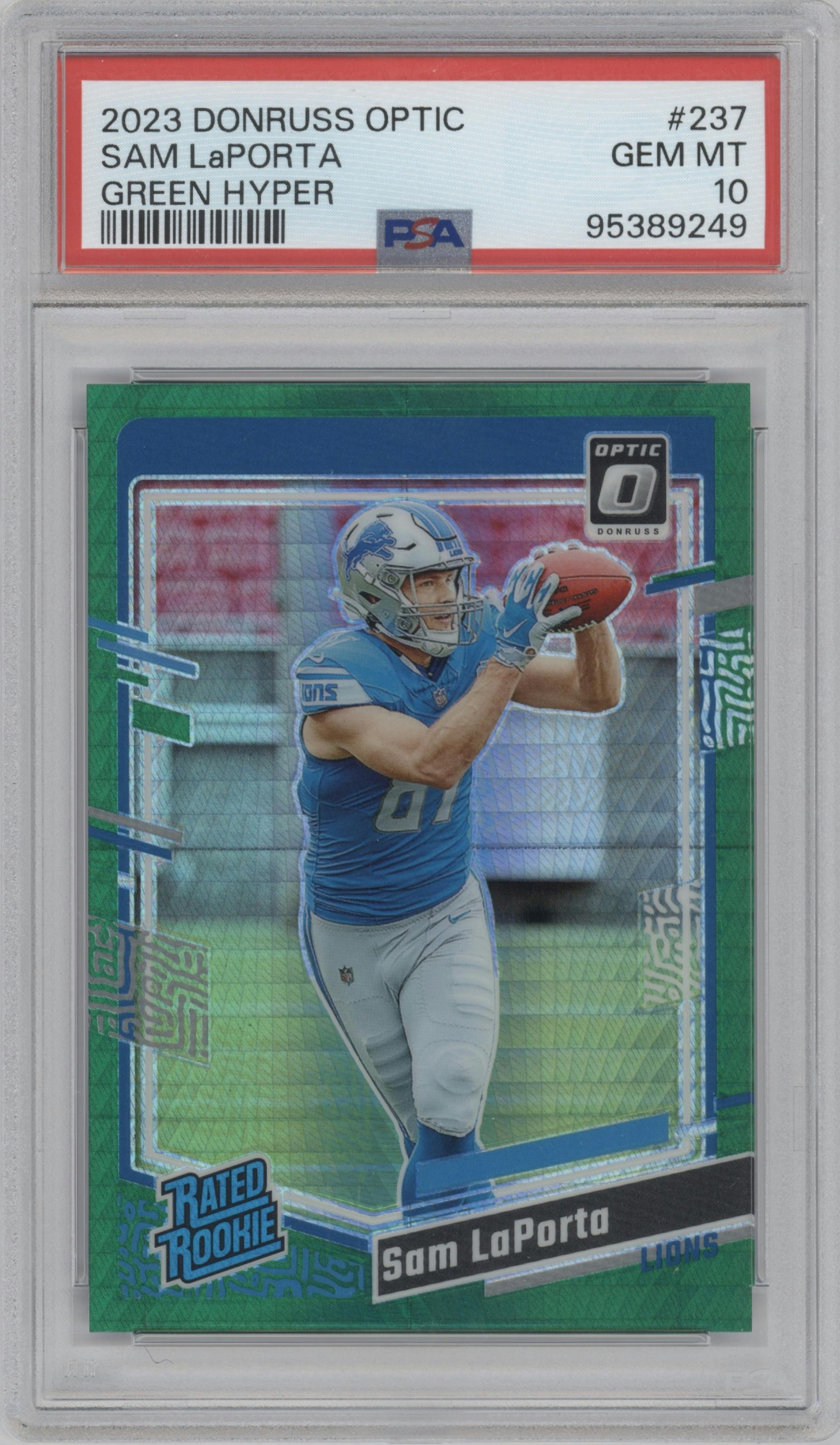 Sam LaPorta from the 2023 Donruss Optic set featuring a Hyper Green parallel graded by PSA and given an overall grade of 10.
