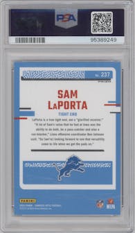 Sam LaPorta from the 2023 Donruss Optic set featuring a Hyper Green parallel graded by PSA and given an overall grade of 10.