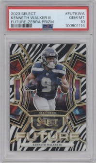 Kenneth Walker III from the 2023 Panini Select set featuring a Zebra parallel graded by PSA and given an overall grade of 10.