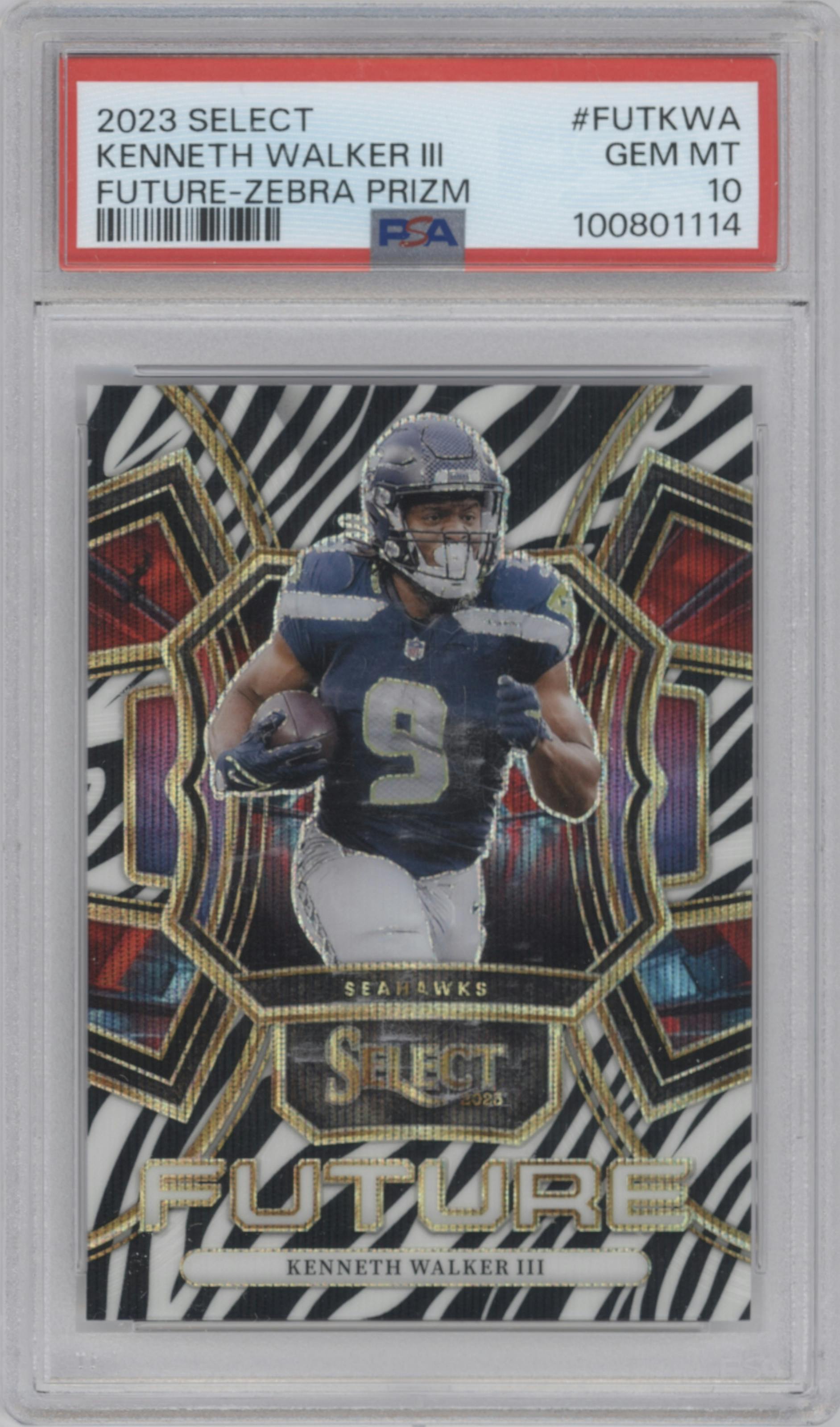 Kenneth Walker III from the 2023 Panini Select set featuring a Zebra parallel graded by PSA and given an overall grade of 10.