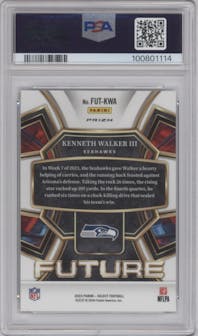 Kenneth Walker III from the 2023 Panini Select set featuring a Zebra parallel graded by PSA and given an overall grade of 10.