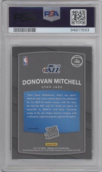 Donovan Mitchell from the 2017-18 Panini Donruss Optic set featuring a Blue Velocity parallel graded by PSA and given an overall grade of 10.