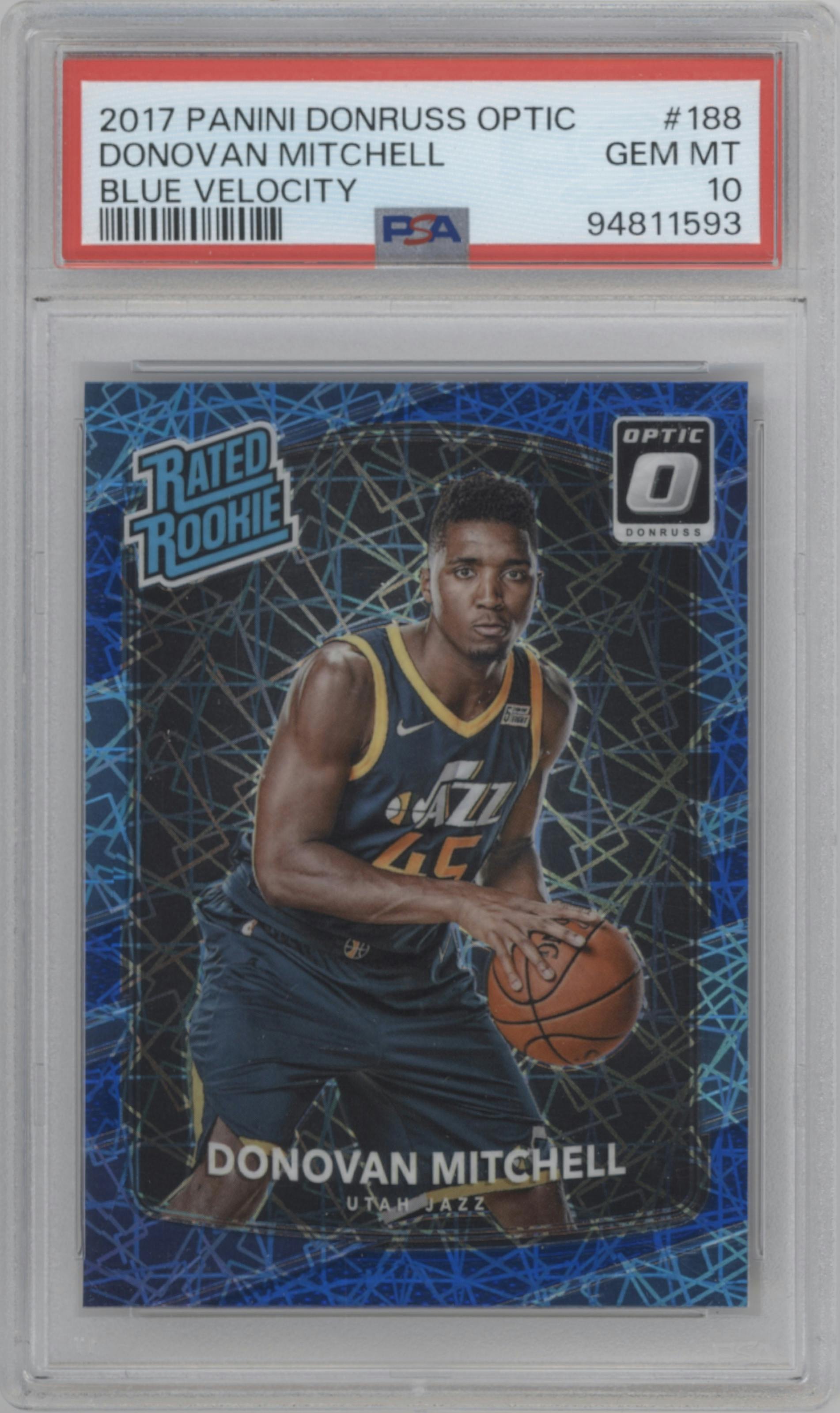 Donovan Mitchell from the 2017-18 Panini Donruss Optic set featuring a Blue Velocity parallel graded by PSA and given an overall grade of 10.