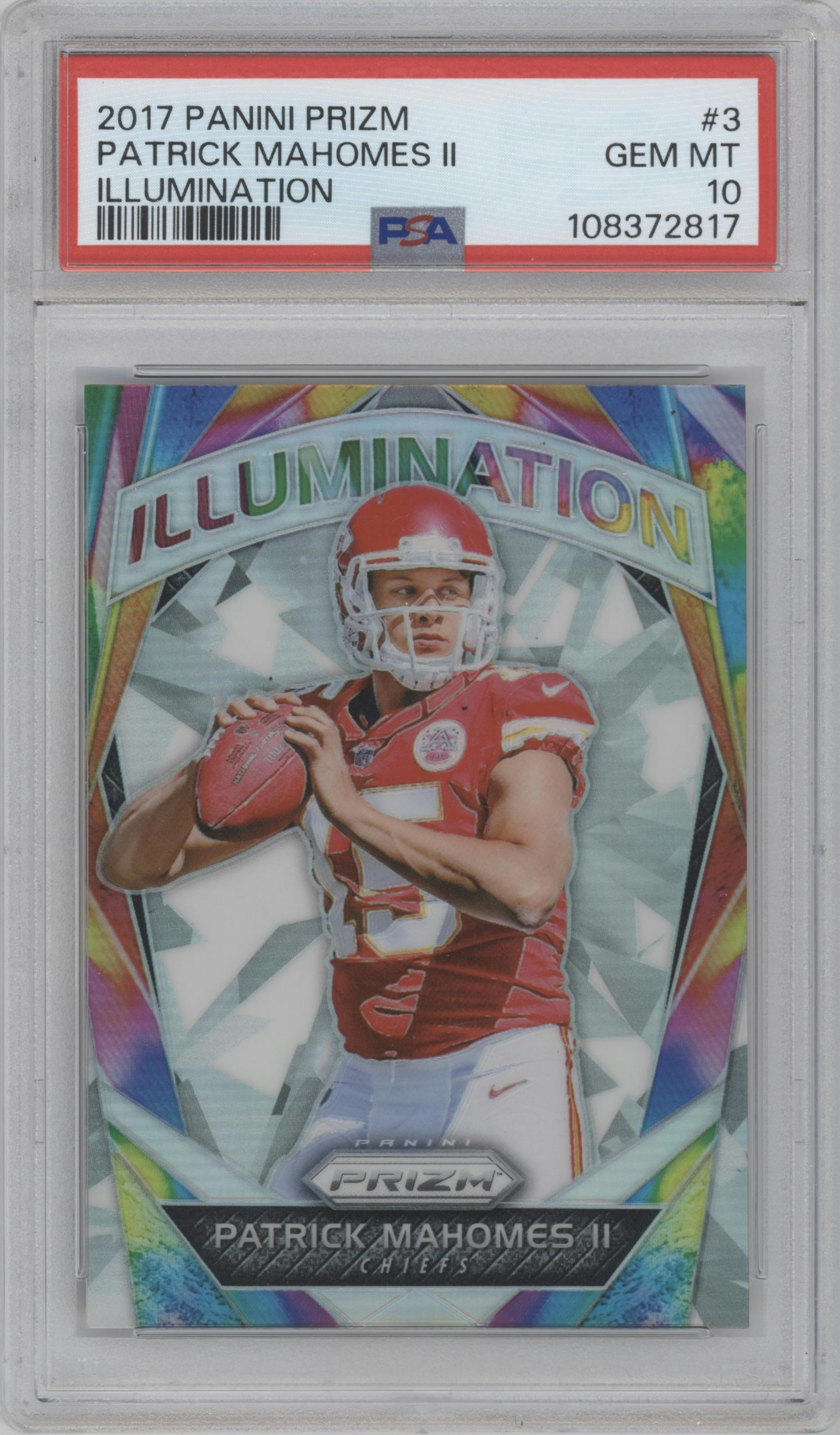 Patrick Mahomes II from the 2017 Panini Prizm set graded by PSA and given an overall grade of 10.