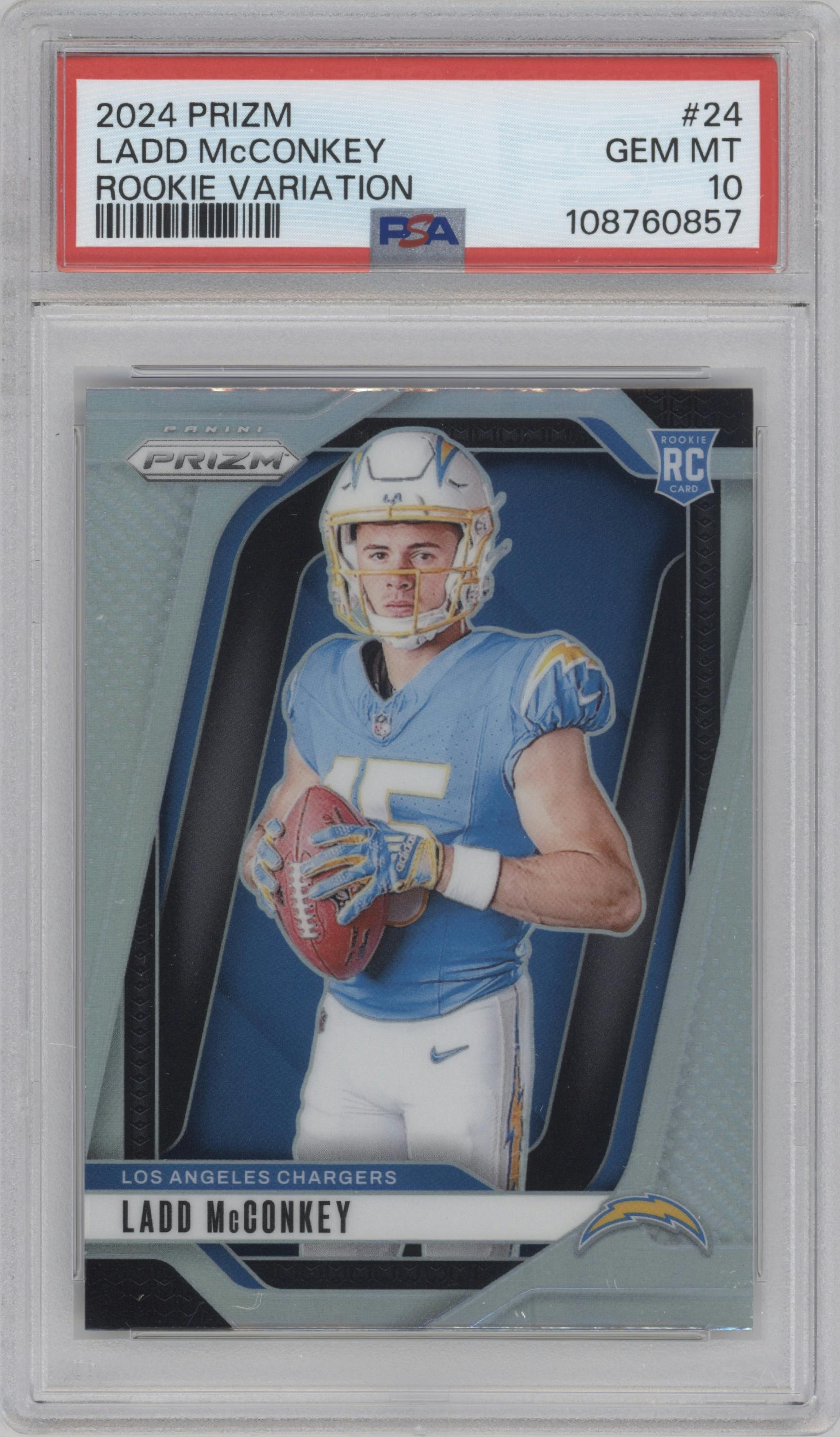 Ladd McConkey from the 2024 Panini Prizm set graded by PSA and given an overall grade of 10.