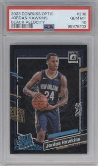 Jordan Hawkins from the 2023-24 Donruss Optic set featuring a Black Velocity parallel graded by PSA and given an overall grade of 10.