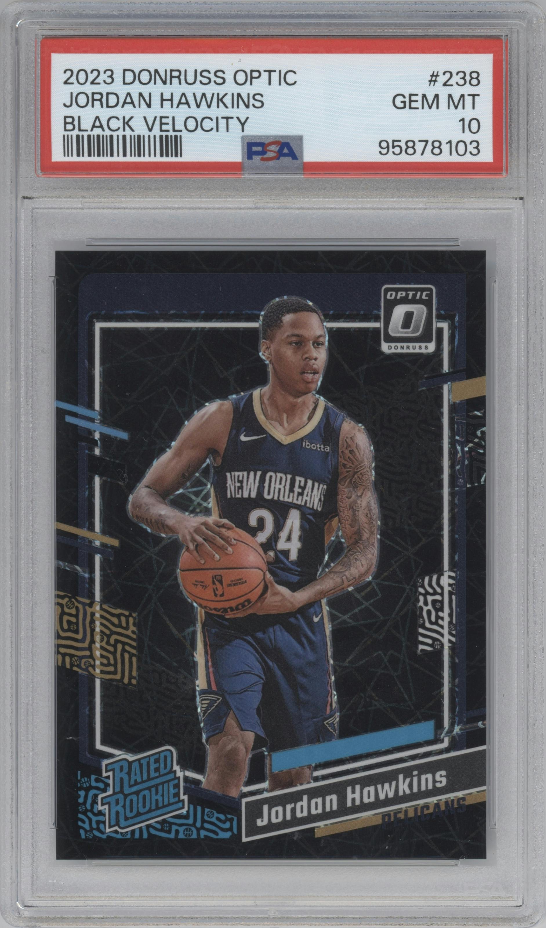 Jordan Hawkins from the 2023-24 Donruss Optic set featuring a Black Velocity parallel graded by PSA and given an overall grade of 10.