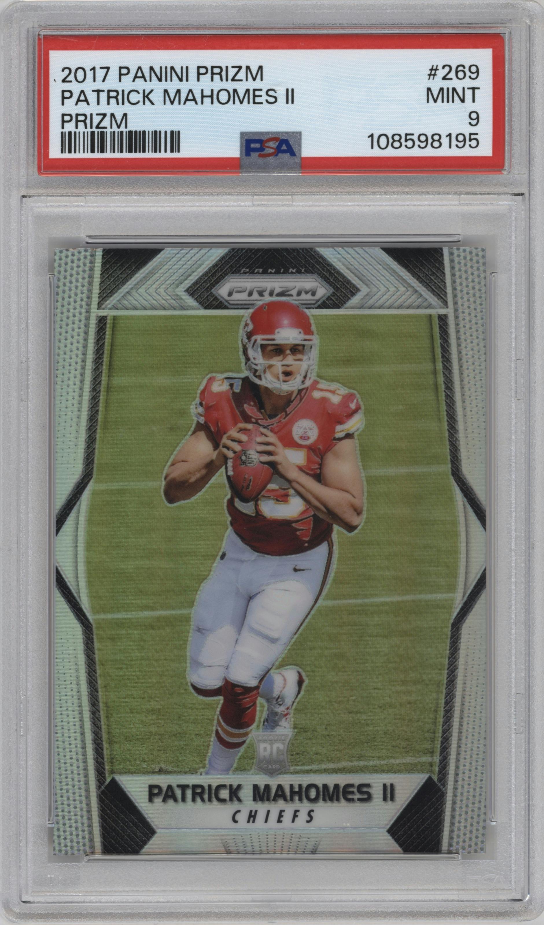 Patrick Mahomes II from the 2017 Panini Prizm set featuring a Prizm parallel graded by PSA and given an overall grade of 9.