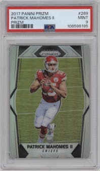 Patrick Mahomes II from the 2017 Panini Prizm set featuring a Prizm parallel graded by PSA and given an overall grade of 9.