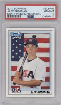 Alex Bregman from the 2010 Bowman Draft set graded by PSA and given an overall grade of 10.