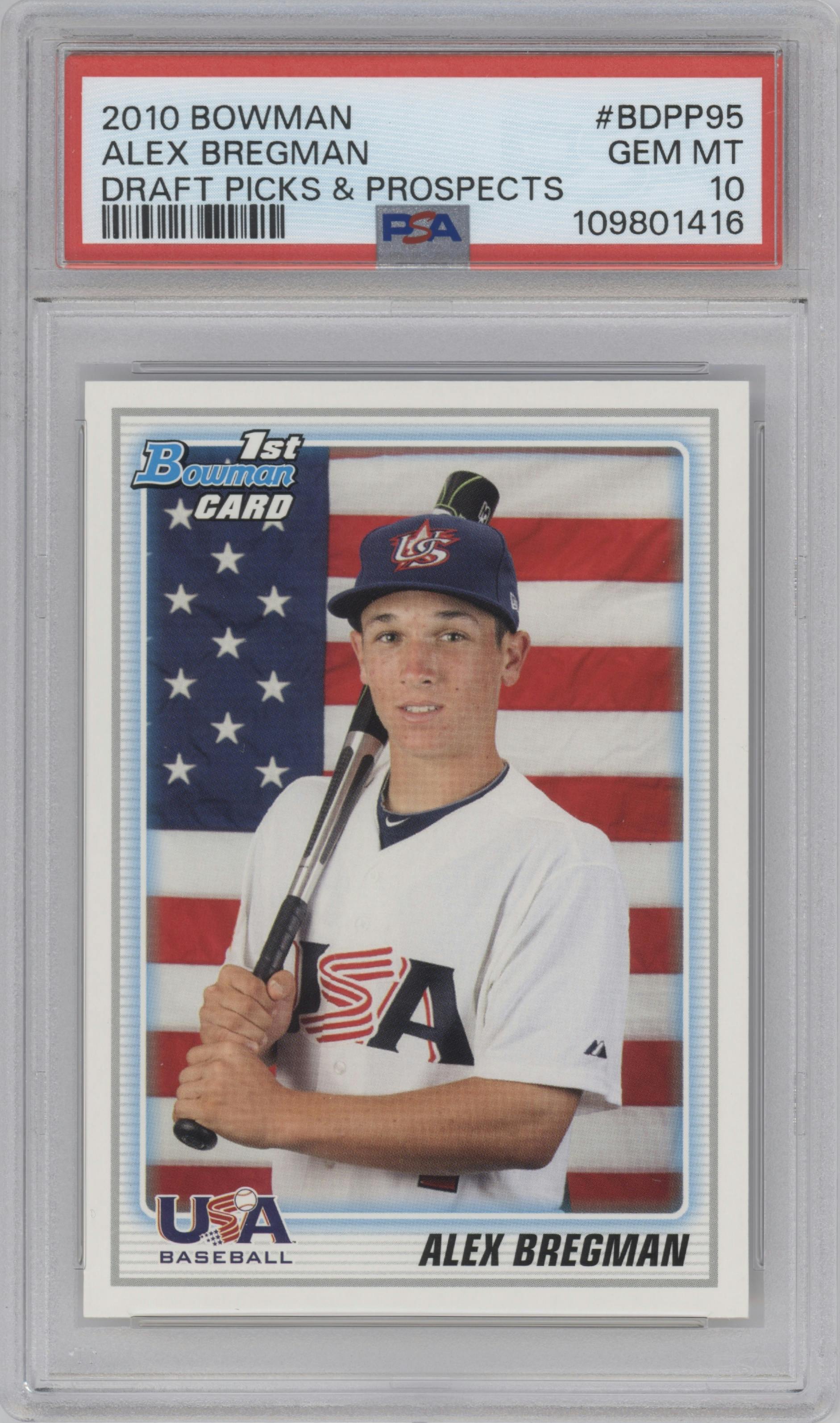 Alex Bregman from the 2010 Bowman Draft set graded by PSA and given an overall grade of 10.