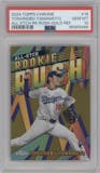 Yoshinobu Yamamoto from the 2024 Topps Chrome set featuring a Gold Refractor parallel graded by PSA and given an overall grade of 10.