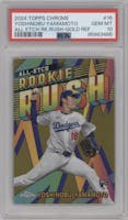 Yoshinobu Yamamoto from the 2024 Topps Chrome set featuring a Gold Refractor parallel graded by PSA and given an overall grade of 10.