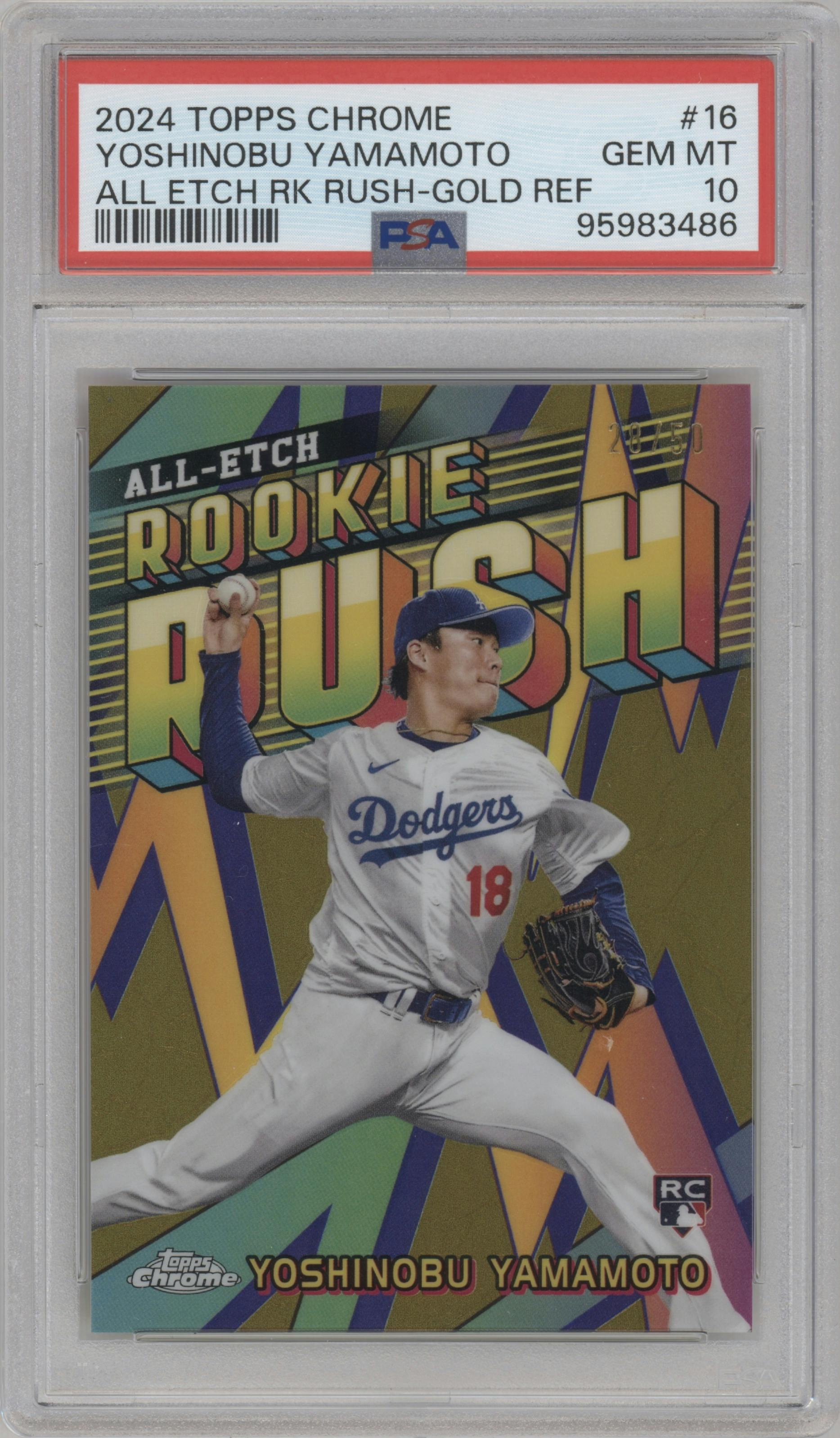 Yoshinobu Yamamoto from the 2024 Topps Chrome set featuring a Gold Refractor parallel graded by PSA and given an overall grade of 10.