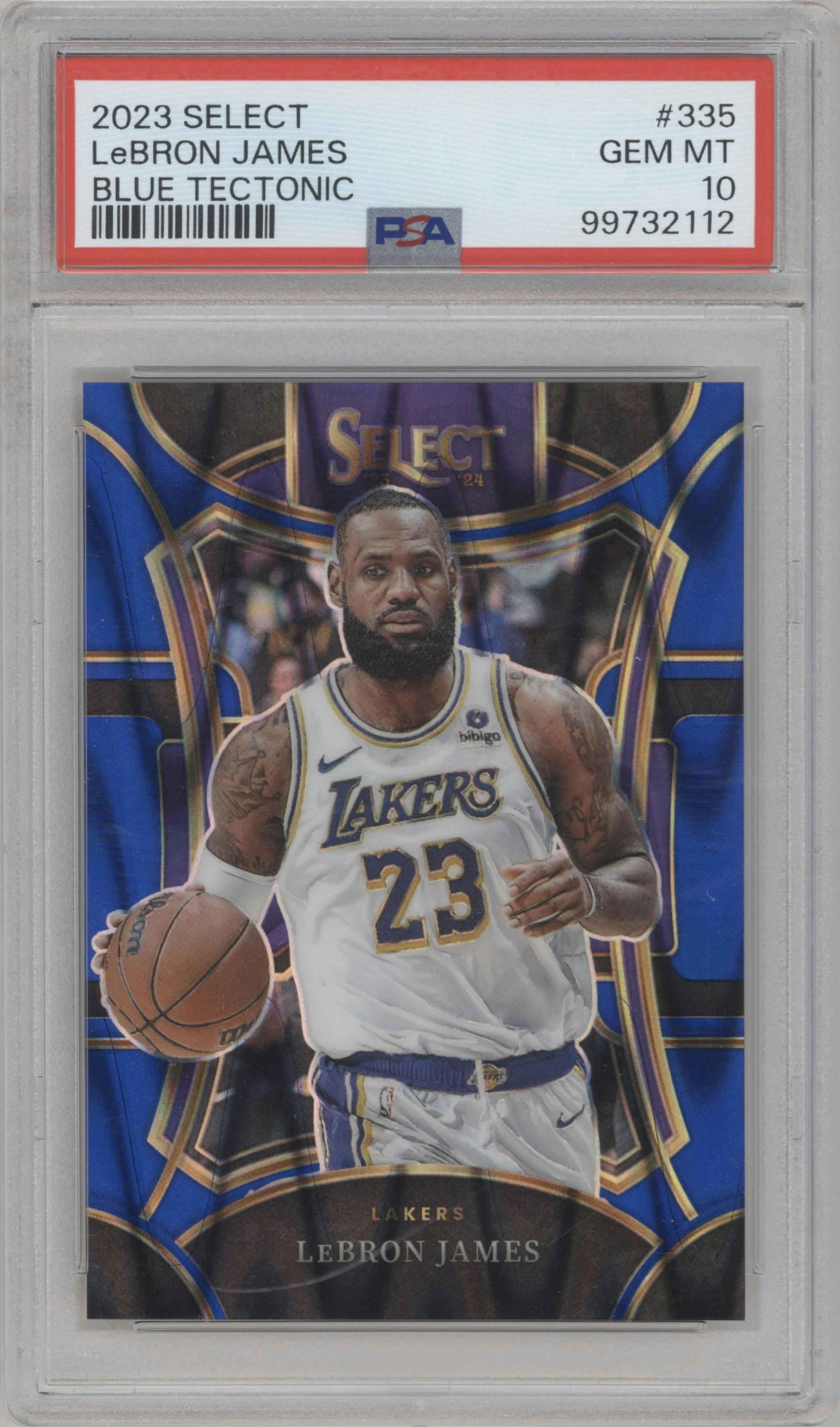 Lebron James from the 2023-24 Panini Select  set featuring a Blue Tectonic parallel graded by PSA and given an overall grade of 10.