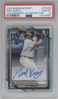 Nick Kurtz from the 2024 Bowman Draft set featuring a Refractor parallel graded by PSA and given an overall grade of 10.