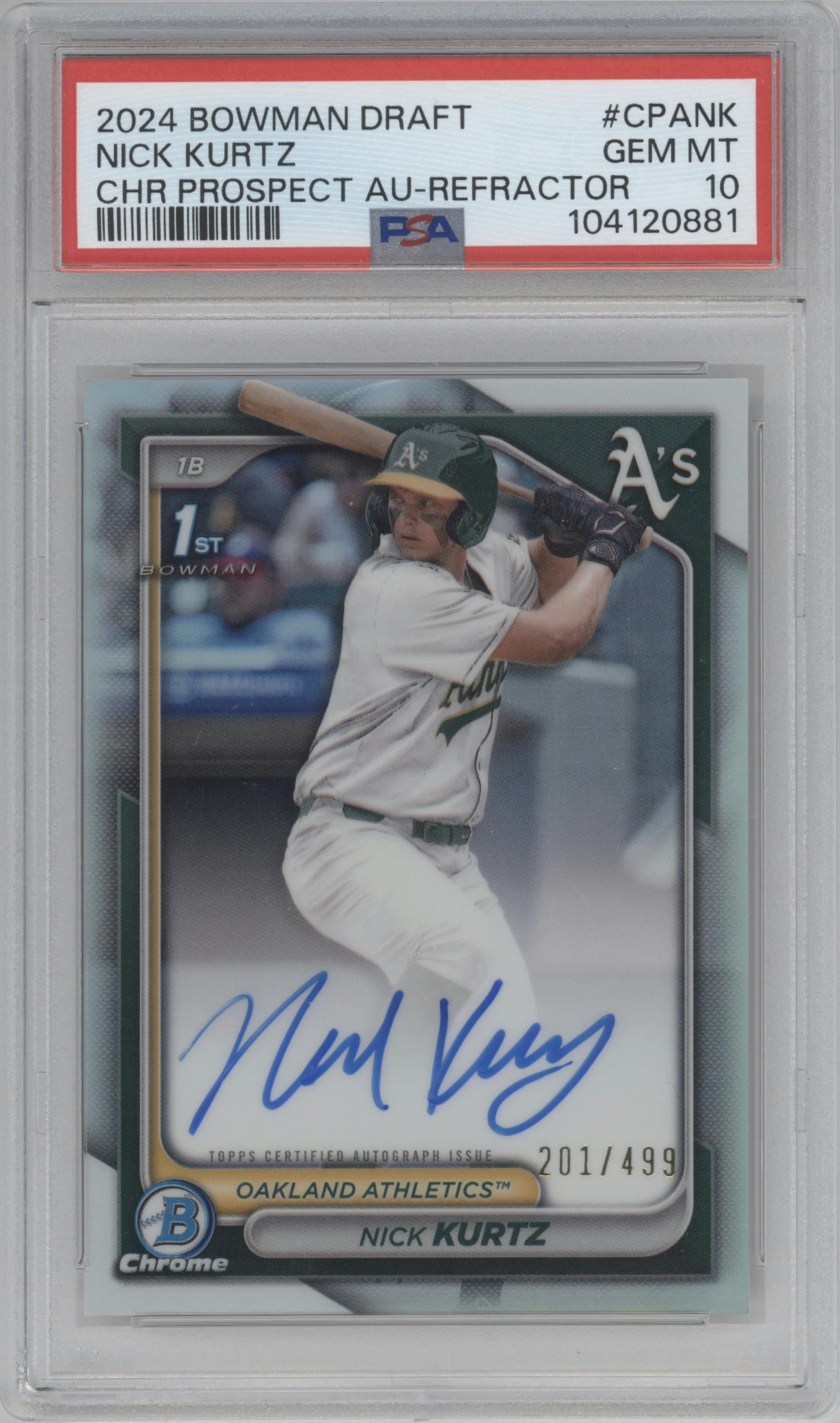 Nick Kurtz from the 2024 Bowman Draft set featuring a Refractor parallel graded by PSA and given an overall grade of 10.