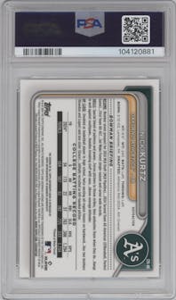 Nick Kurtz from the 2024 Bowman Draft set featuring a Refractor parallel graded by PSA and given an overall grade of 10.